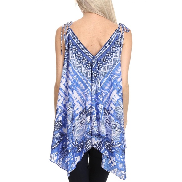 Sakkas Nasreen Sleeveless Printed V-Neck Trapeze Tank Adjustable Straps - Blue - Picture 2 of 8